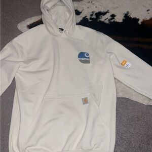 Carhartt Men's Cream Hoodie with Blue Logo